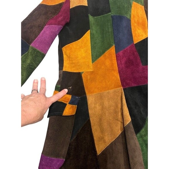 Vintage 70's Leather Suede Patchwork Hippie Boho Snap Button Long Jacket Coat 12 - Picture 15 of 16